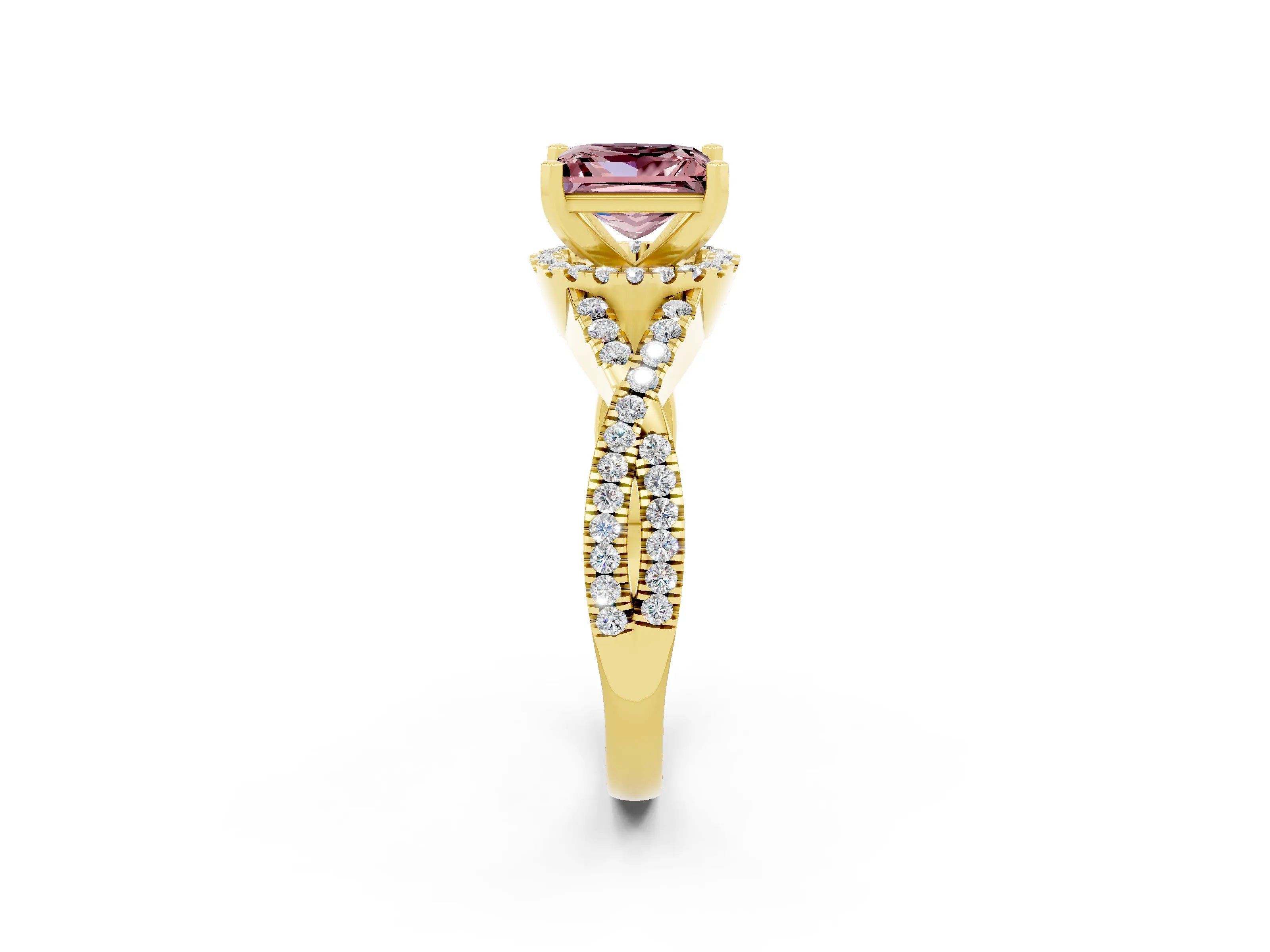Yellow gold Princess Cut Morganite Halo Twist Band Solitaire Prong Setting Ring_2