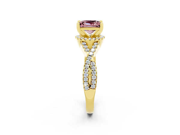 Yellow gold Princess Cut Morganite  Halo Twist Band Solitaire Prong Setting Ring