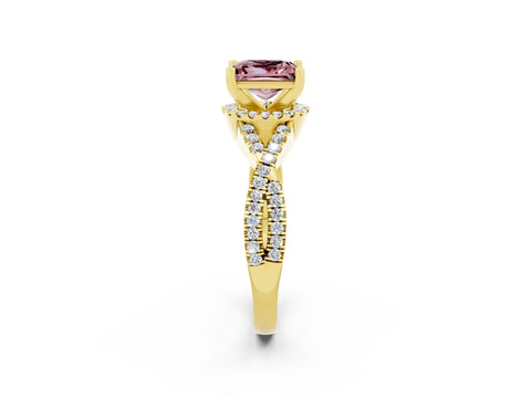 Yellow gold Princess Cut Morganite Halo Twist Band Solitaire Prong Setting Ring_2