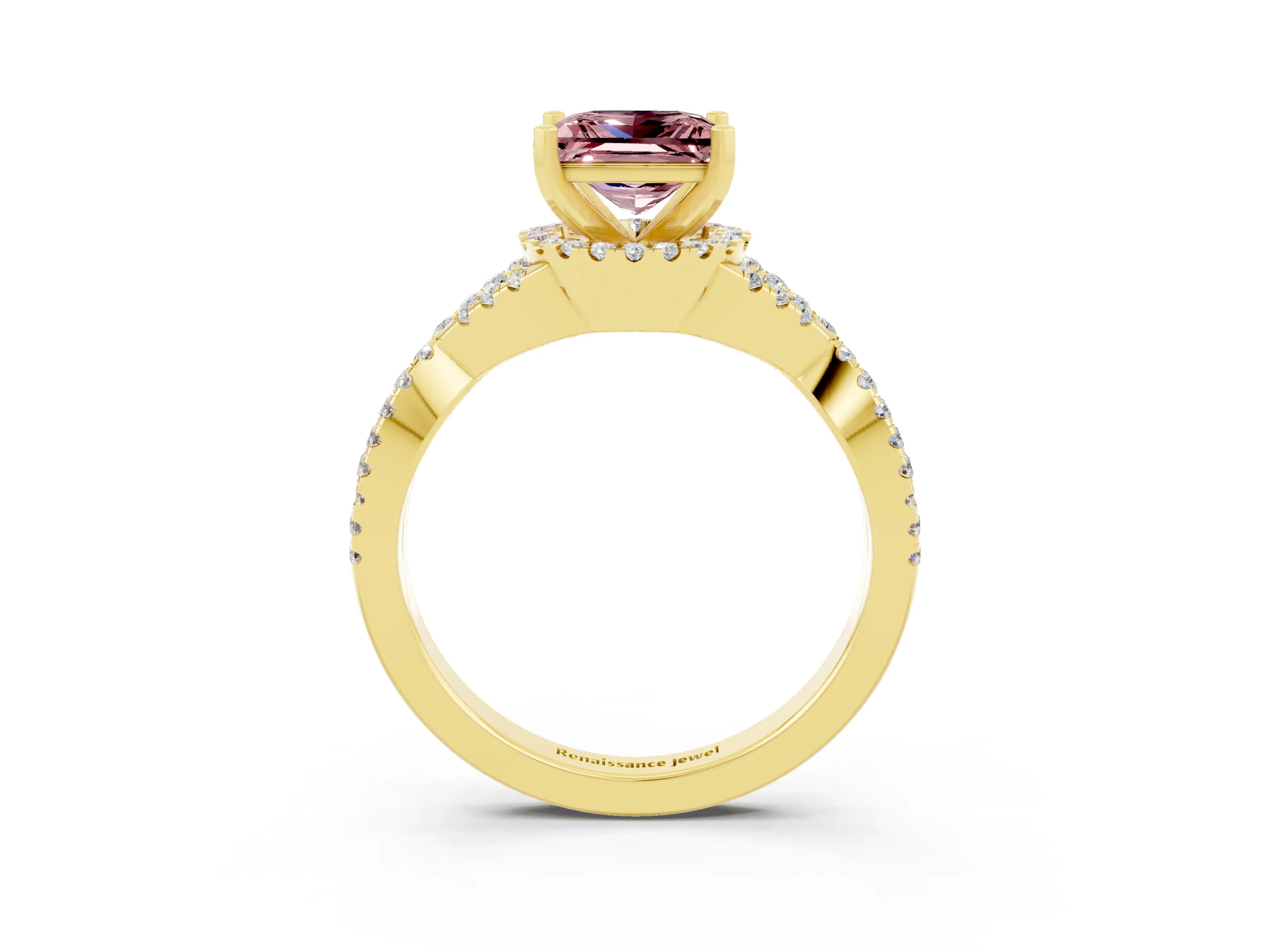 Yellow gold Princess Cut Morganite Halo Twist Band Solitaire Prong Setting Ring_3