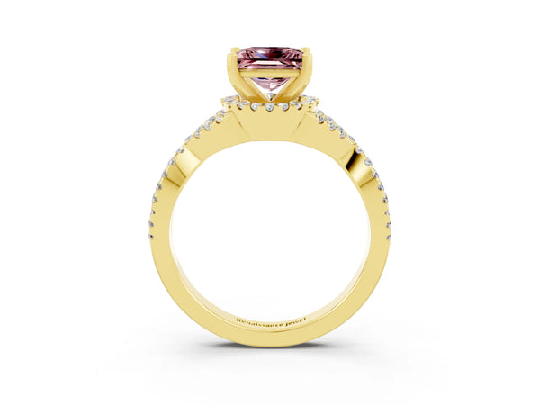 Yellow gold Princess Cut Morganite  Halo Twist Band Solitaire Prong Setting Ring
