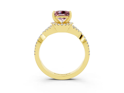 Yellow gold Princess Cut Morganite Halo Twist Band Solitaire Prong Setting Ring_3