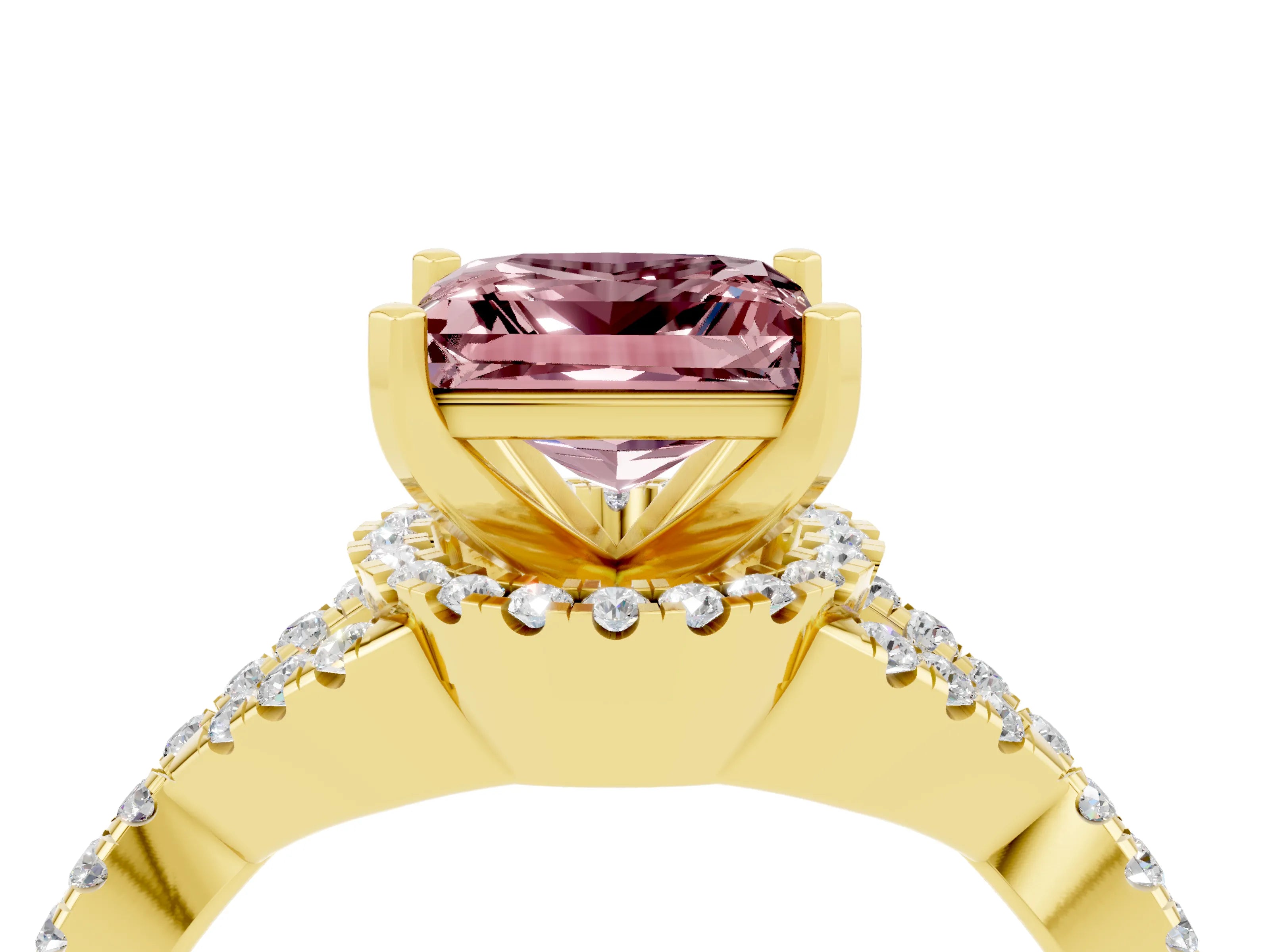 Yellow gold Princess Cut Morganite Halo Twist Band Solitaire Prong Setting Ring_4