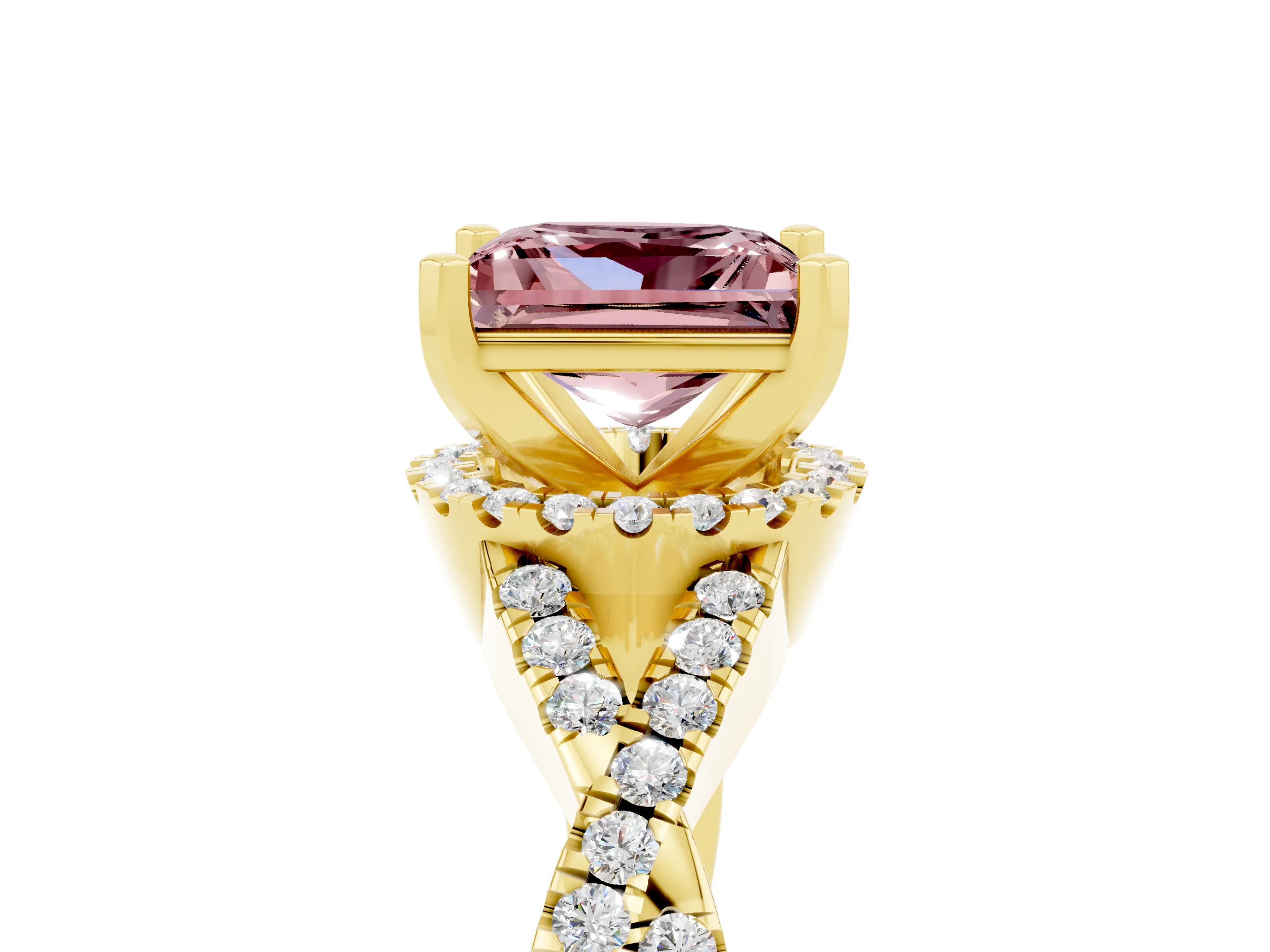 Yellow gold Princess Cut Morganite Halo Twist Band Solitaire Prong Setting Ring_5