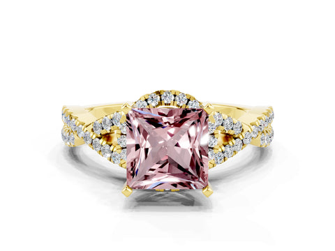 Yellow gold Princess Cut Morganite Halo Twist Band Solitaire Prong Setting Ring