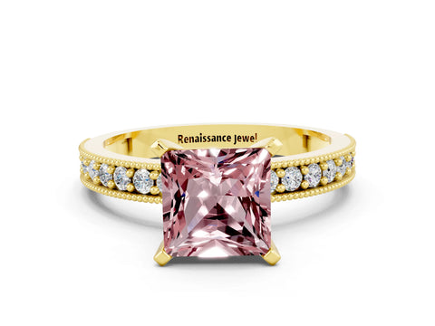 Yellow gold Princess Cut Morganite Milgrain Pavé Engagement Ring with Four-Prong Setting_12