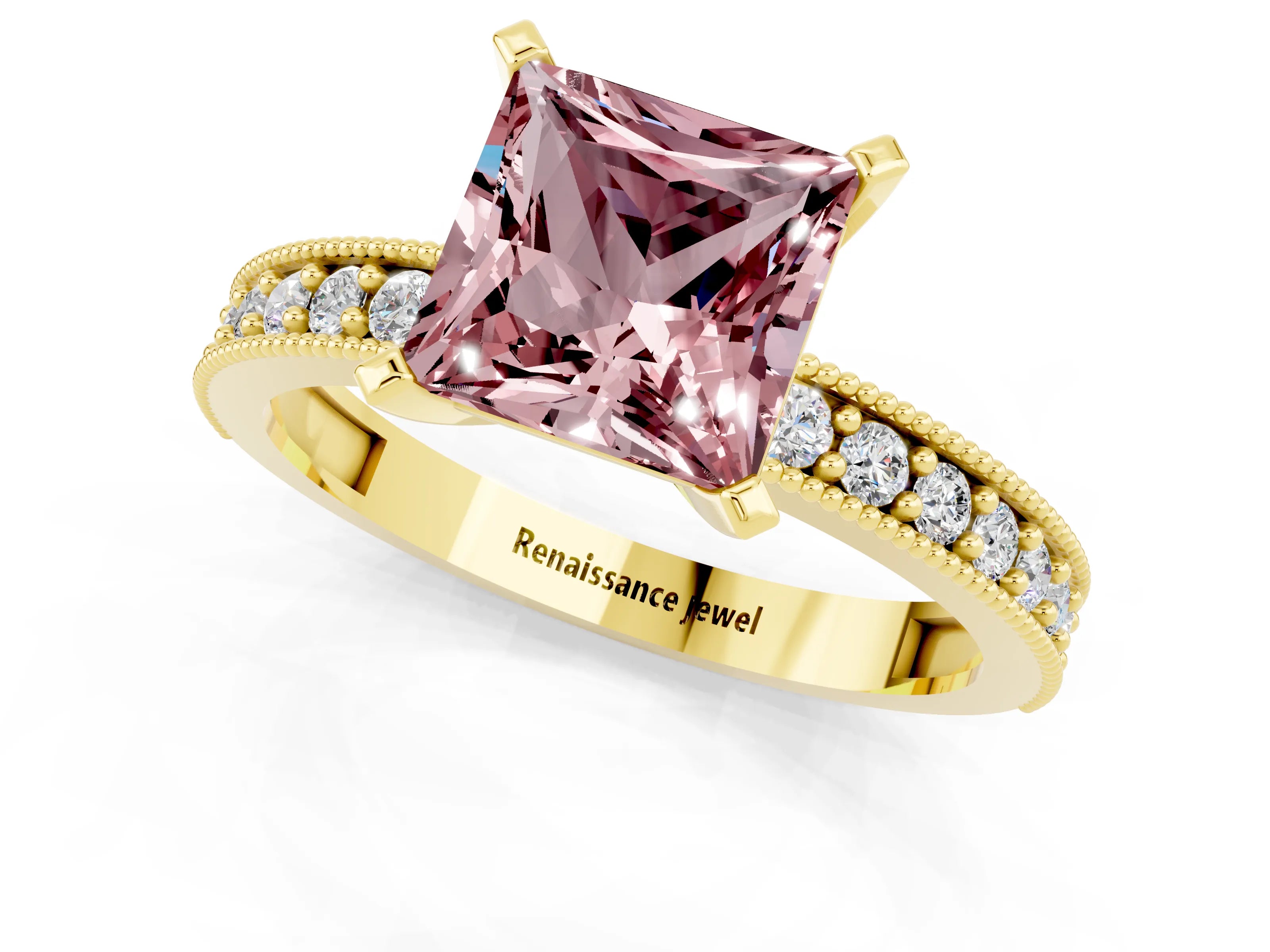 Yellow gold Princess Cut Morganite Milgrain Pavé Engagement Ring with Four-Prong Setting_13