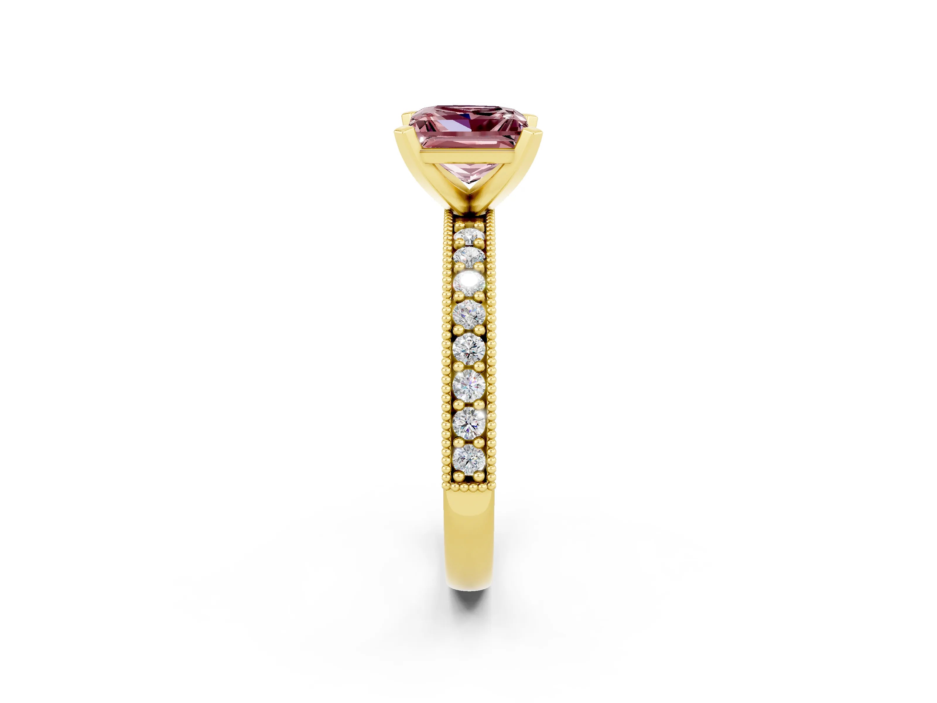 Yellow gold Princess Cut Morganite Milgrain Pavé Engagement Ring with Four-Prong Setting_14