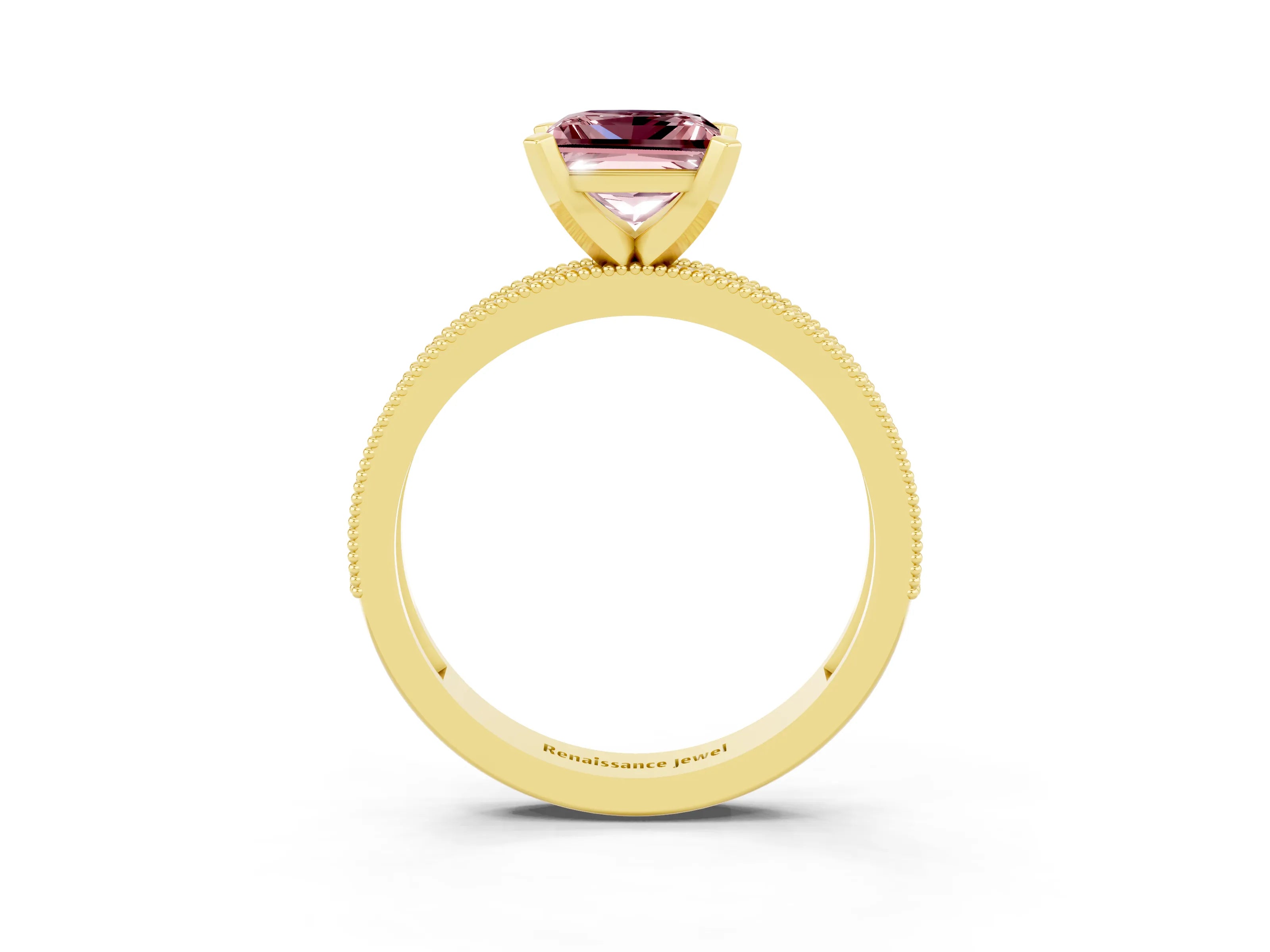 Yellow gold Princess Cut Morganite Milgrain Pavé Engagement Ring with Four-Prong Setting_15
