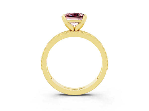 Yellow gold Princess Cut Morganite Milgrain Pavé Engagement Ring with Four-Prong Setting