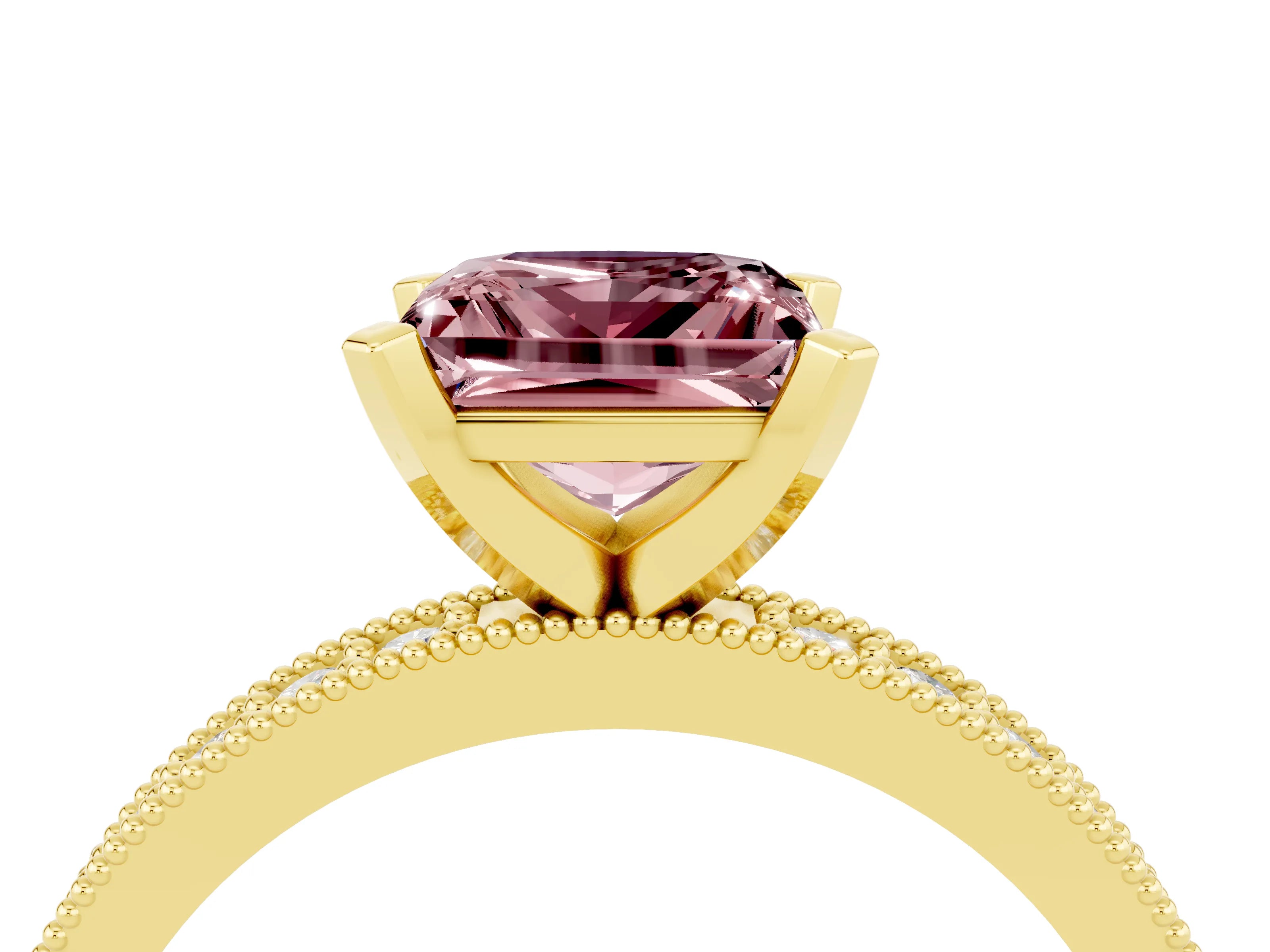 Yellow gold Princess Cut Morganite Milgrain Pavé Engagement Ring with Four-Prong Setting_16