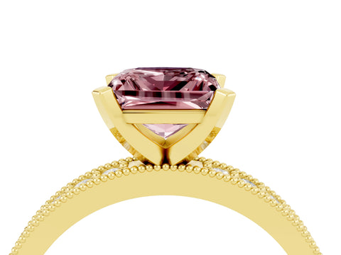 Yellow gold Princess Cut Morganite Milgrain Pavé Engagement Ring with Four-Prong Setting_16
