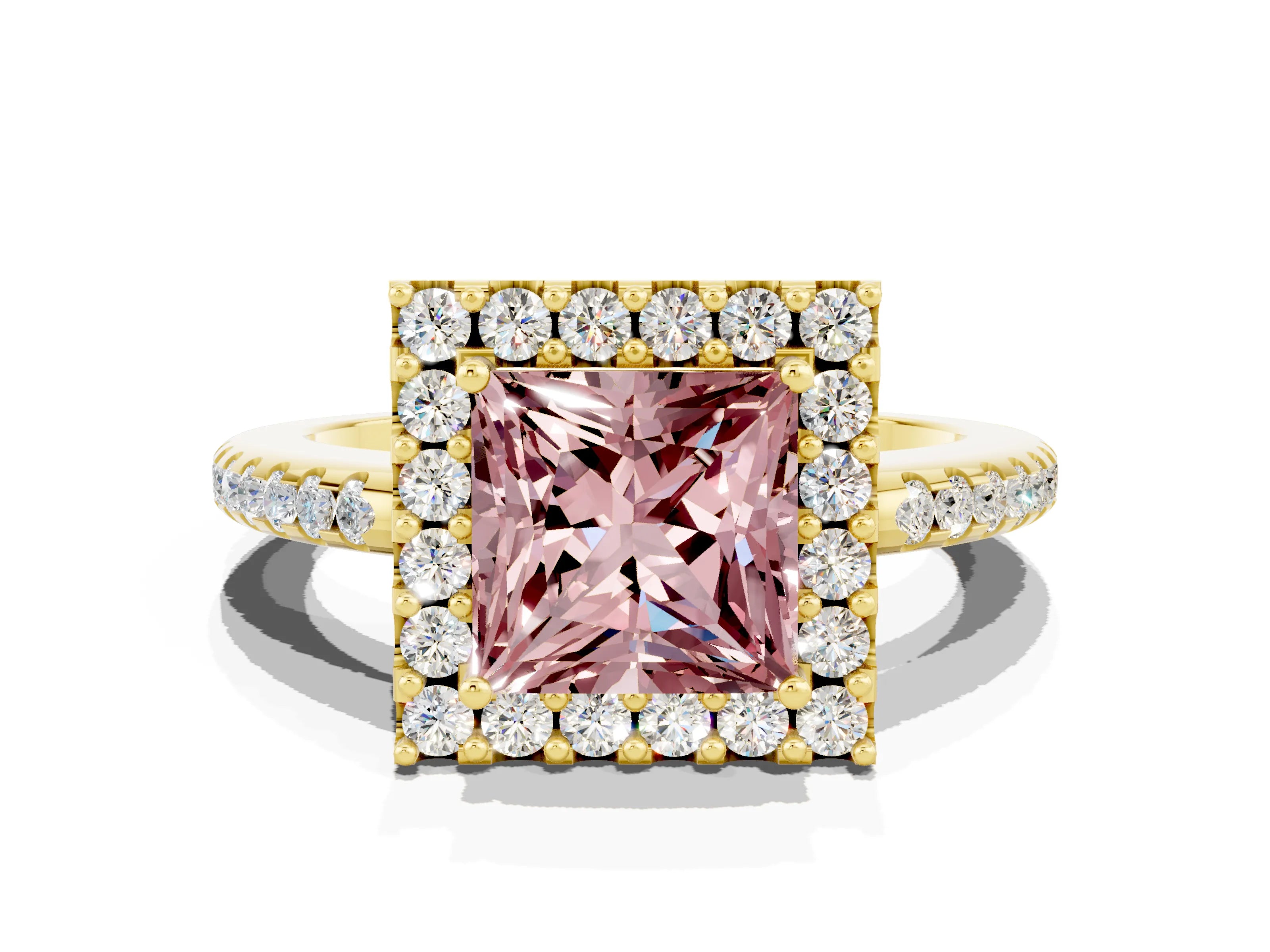 Yellow gold Princess Cut Morganite Pavé Halo Ring with Four-Prong Setting_12