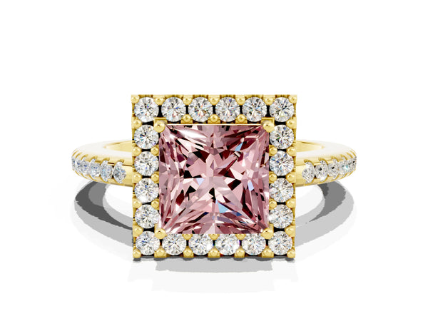 Yellow gold Princess Cut Morganite Pavé Halo Ring with Four-Prong Setting