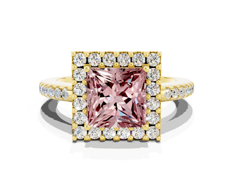 Yellow gold Princess Cut Morganite Pavé Halo Ring with Four-Prong Setting_12