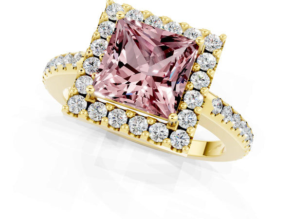 Yellow gold Princess Cut Morganite Pavé Halo Ring with Four-Prong Setting