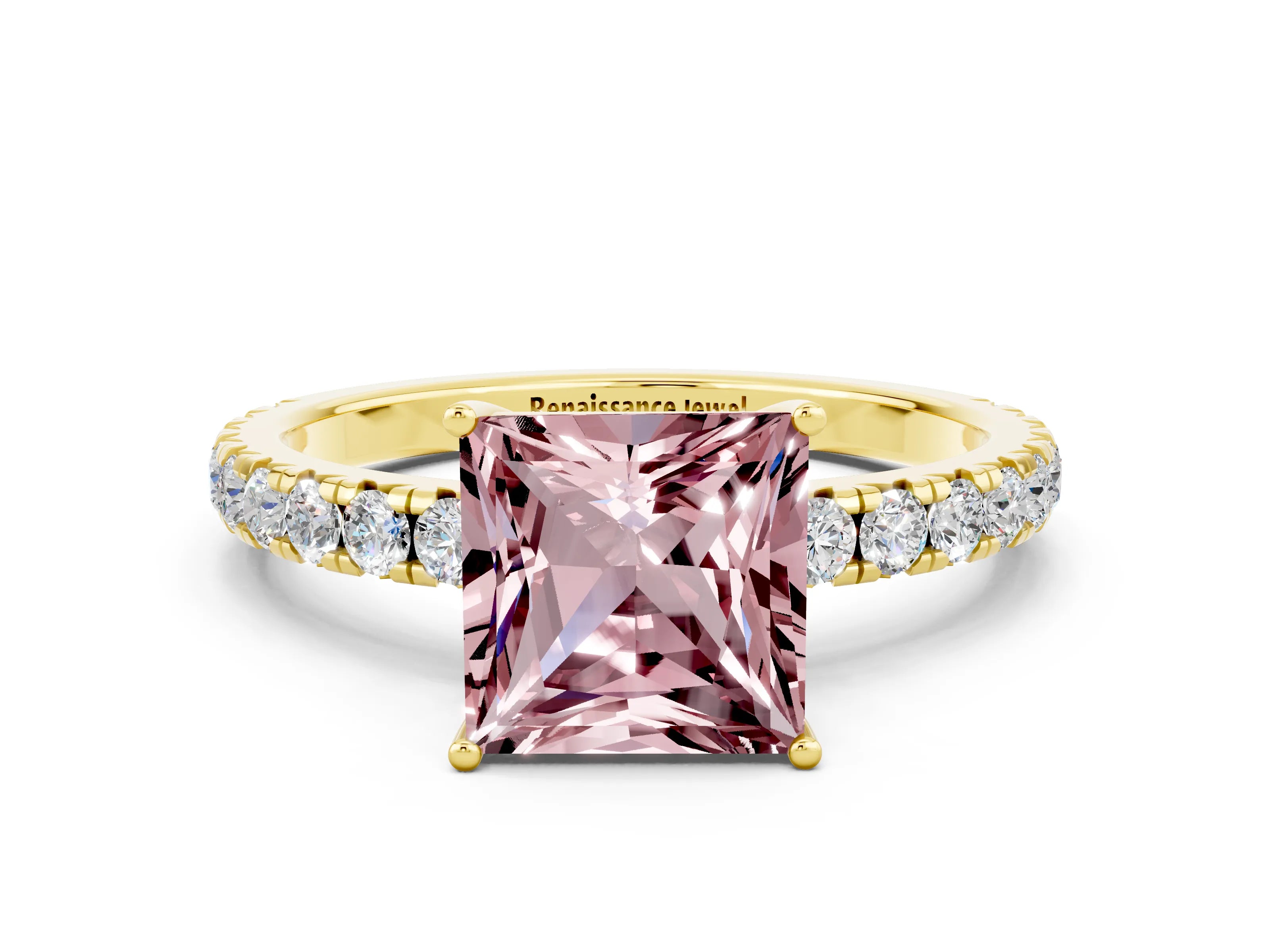 Yellow gold Princess Cut Morganite Pavé Solitaire Engagement Ring with Four-Prong Setting_12