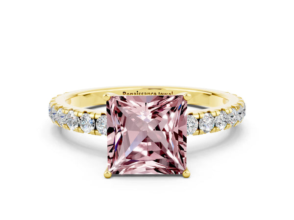 Yellow gold Princess Cut Morganite Pavé Solitaire Engagement Ring with Four-Prong Setting