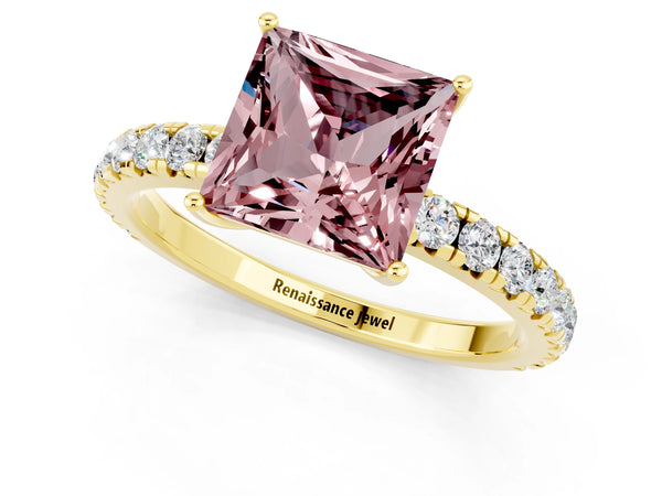 Yellow gold Princess Cut Morganite Pavé Solitaire Engagement Ring with Four-Prong Setting