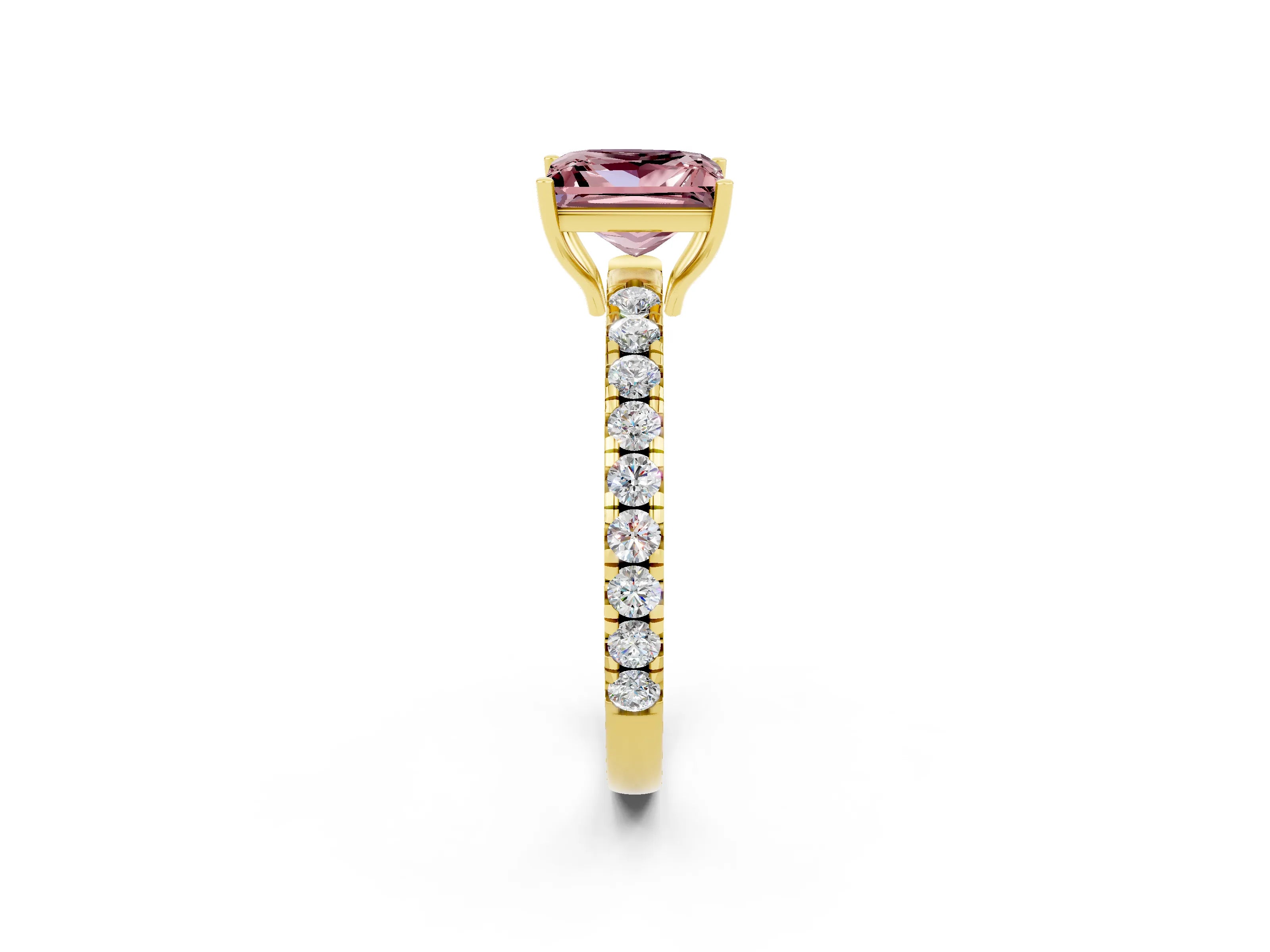 Yellow gold Princess Cut Morganite Pavé Solitaire Engagement Ring with Four-Prong Setting_14