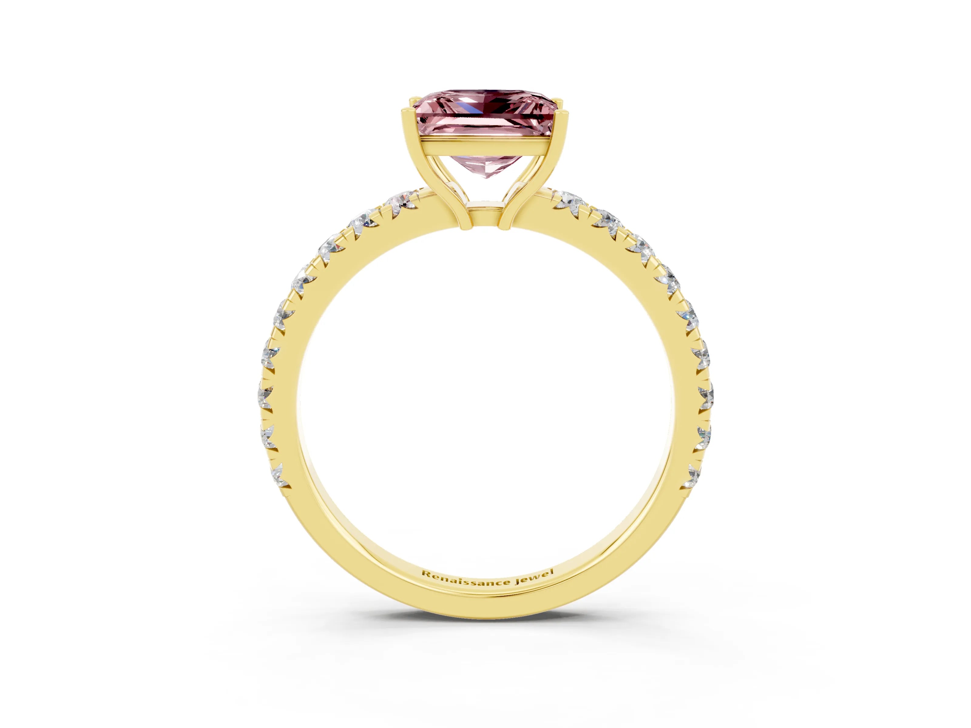 Yellow gold Princess Cut Morganite Pavé Solitaire Engagement Ring with Four-Prong Setting_15