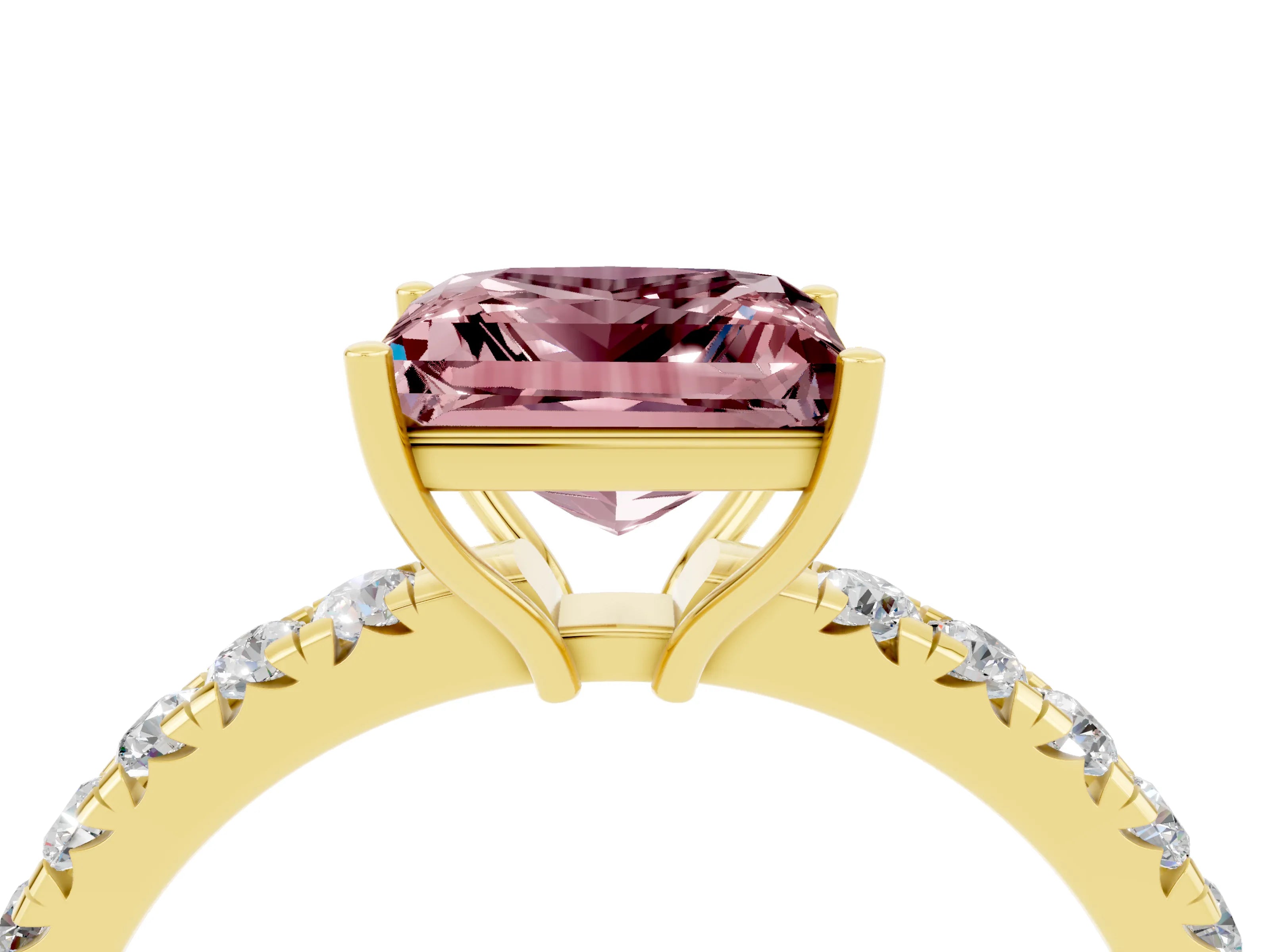 Yellow gold Princess Cut Morganite Pavé Solitaire Engagement Ring with Four-Prong Setting_16