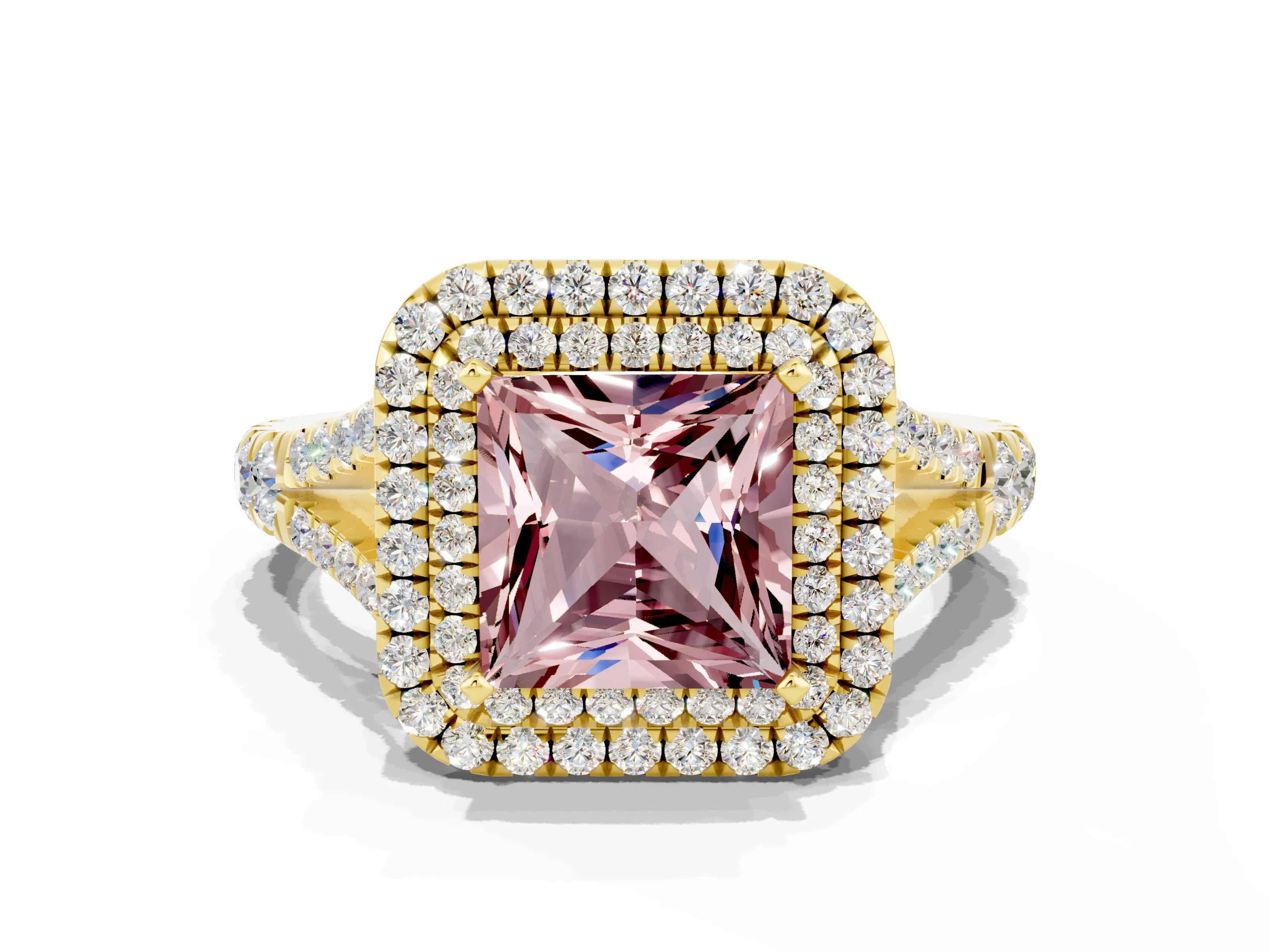 Yellow gold Princess Cut Morganite Pavé Split Shank Double Halo Engagement Ring