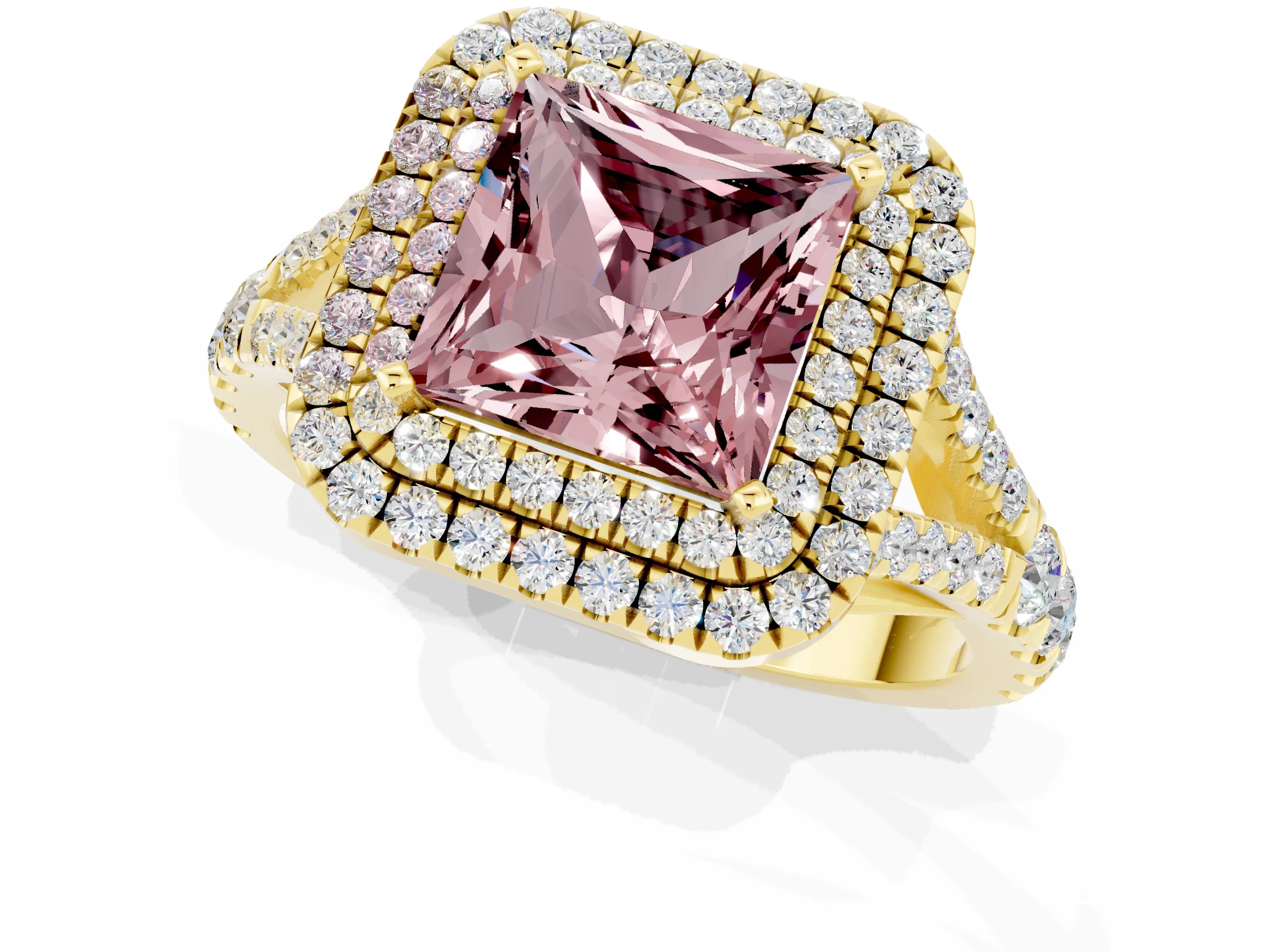 Yellow gold Princess Cut Morganite Pavé Split Shank Double Halo Engagement Ring_1