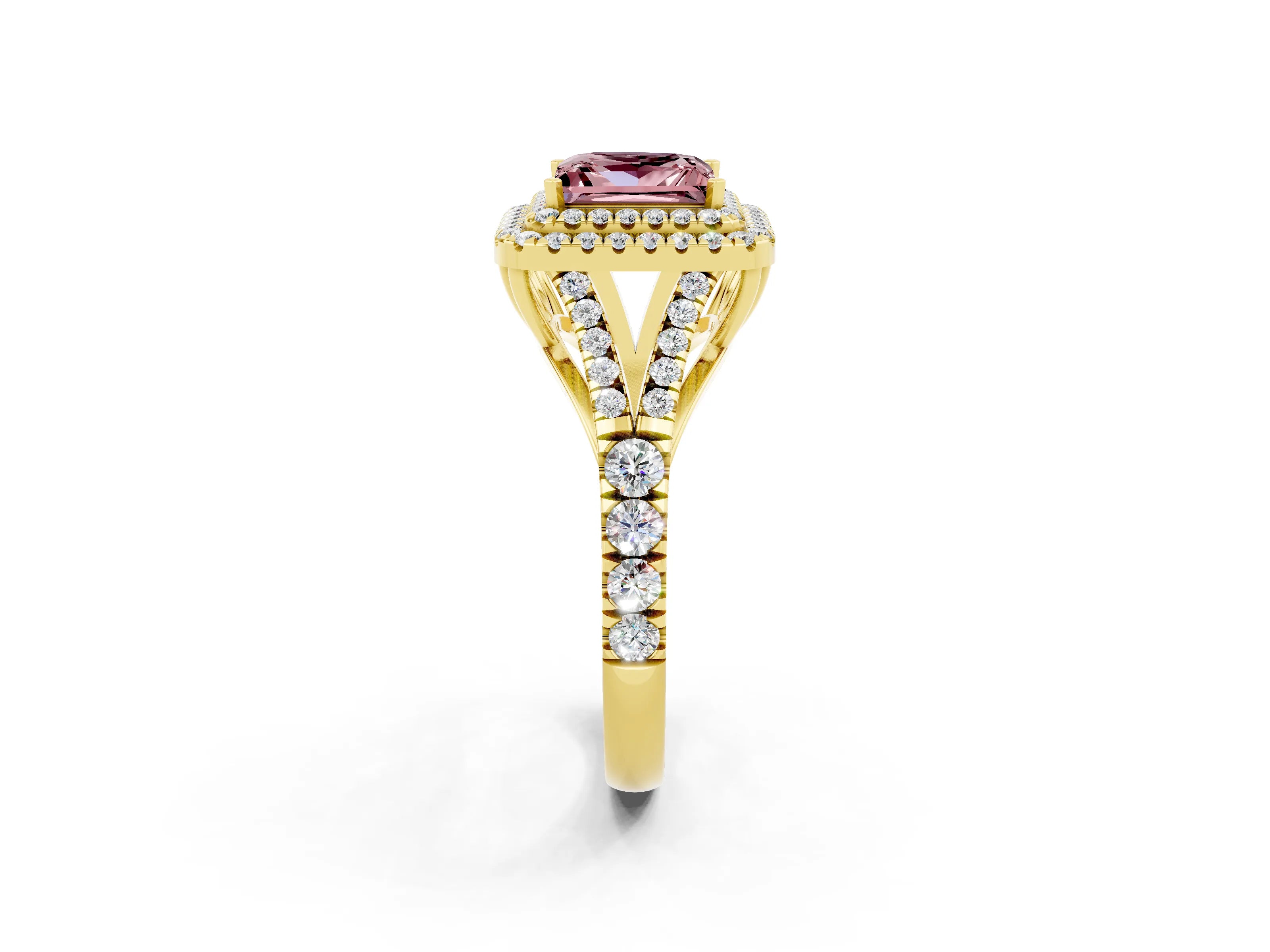 Yellow gold Princess Cut Morganite Pavé Split Shank Double Halo Engagement Ring_2