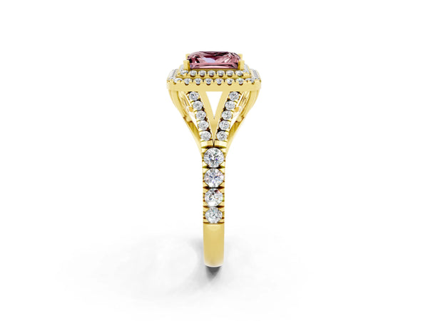 Yellow gold Princess Cut Morganite Pavé Split Shank Double Halo Engagement Ring