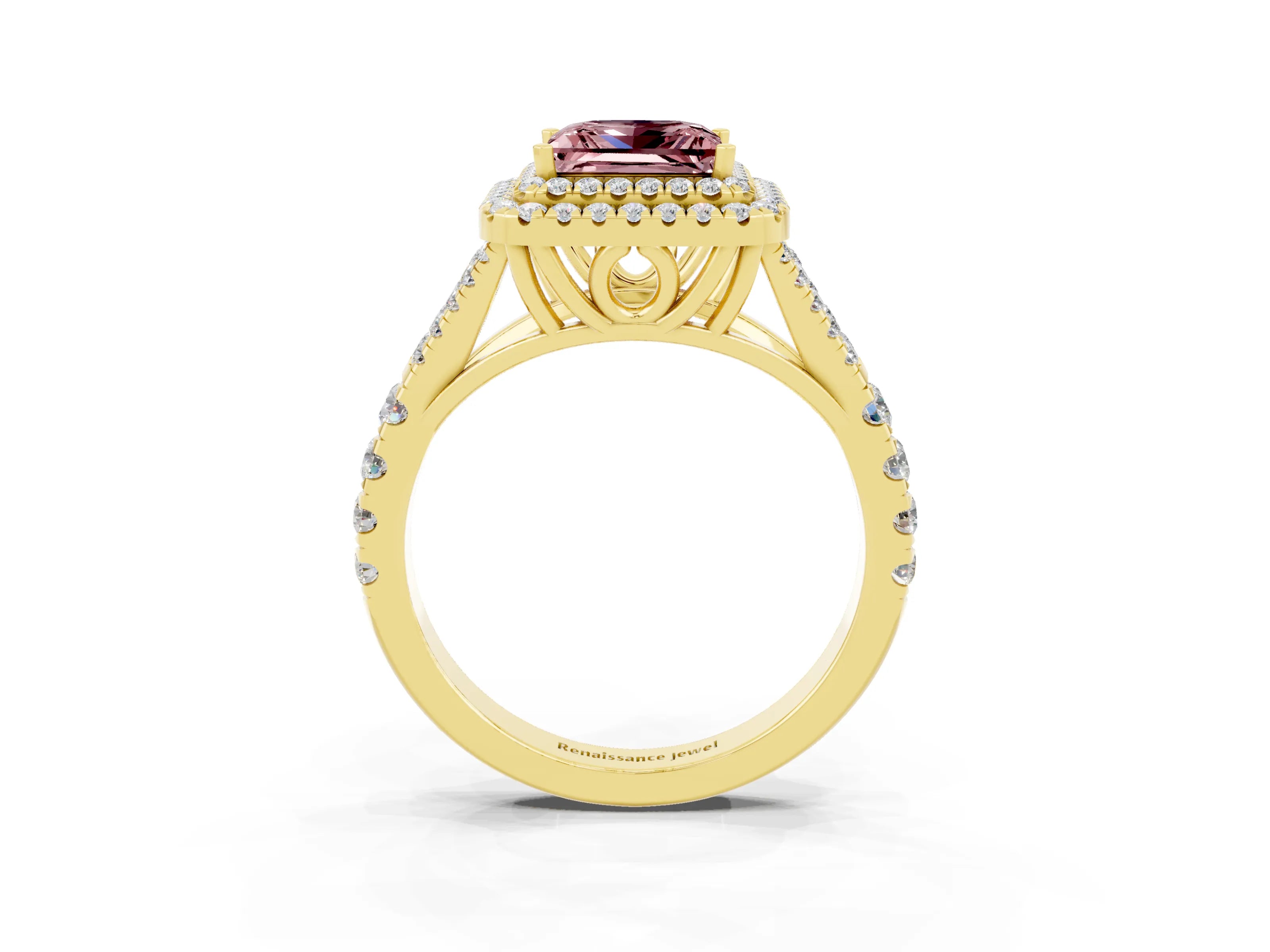 Yellow gold Princess Cut Morganite Pavé Split Shank Double Halo Engagement Ring_3