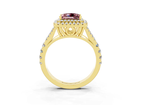 Yellow gold Princess Cut Morganite Pavé Split Shank Double Halo Engagement Ring
