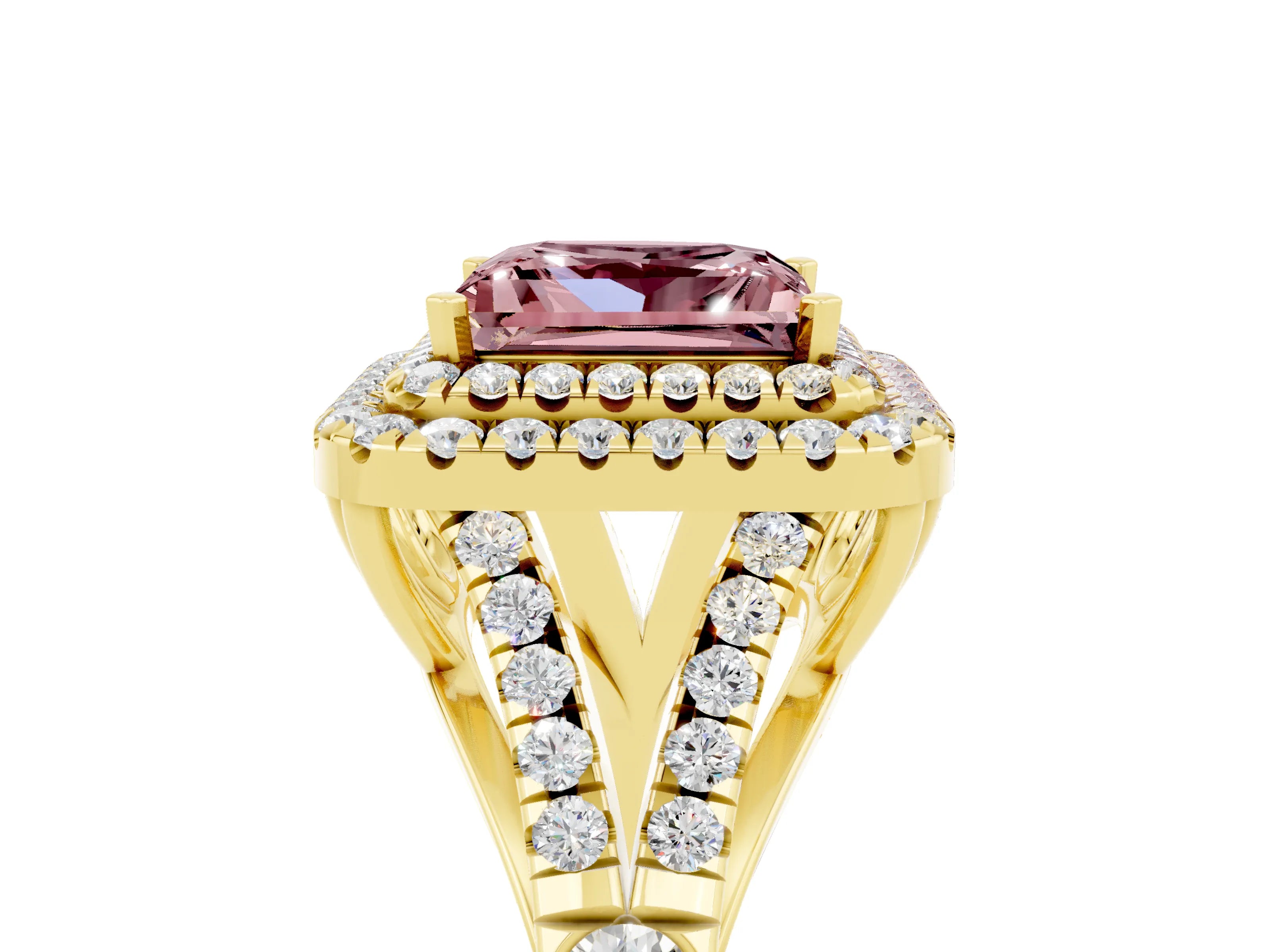 Yellow gold Princess Cut Morganite Pavé Split Shank Double Halo Engagement Ring_5
