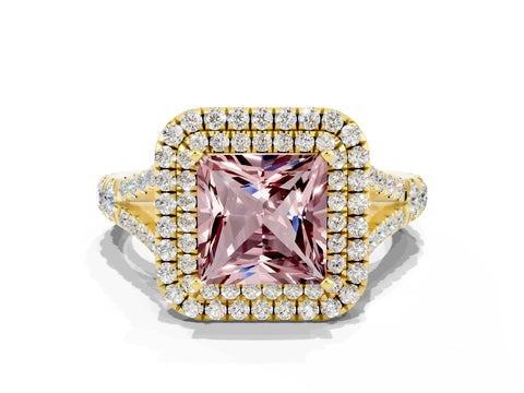 Yellow gold Princess Cut Morganite Pavé Split Shank Double Halo Engagement Ring