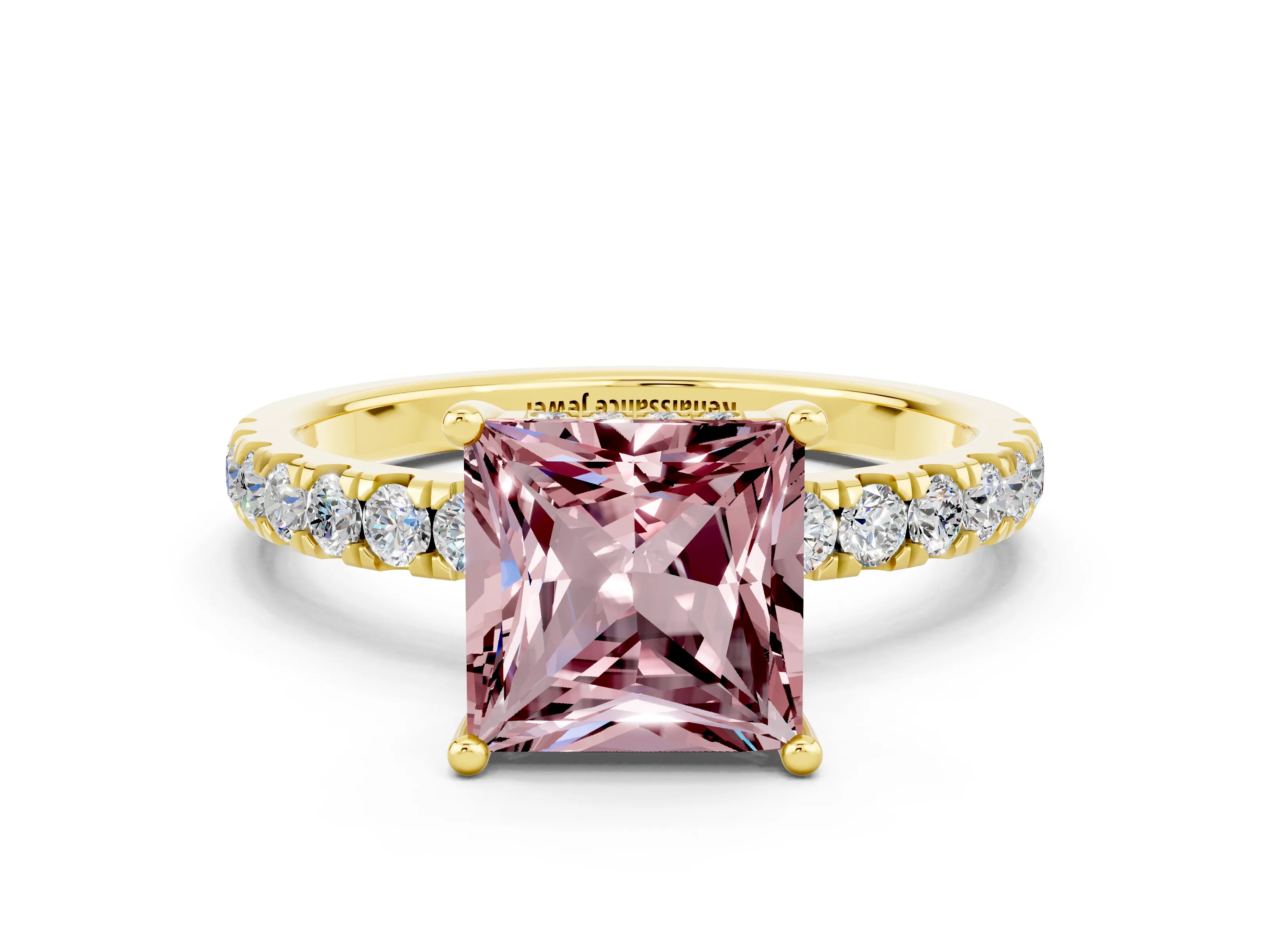 Yellow gold Princess Cut Morganite Pave Band Solitaire Ring with Four-Prong Setting_24