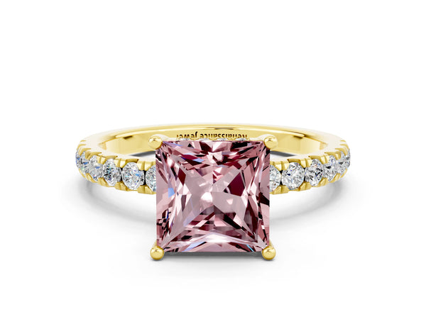 Yellow gold Princess Cut Morganite Pave Band Solitaire Ring with Round  and Prong Setting