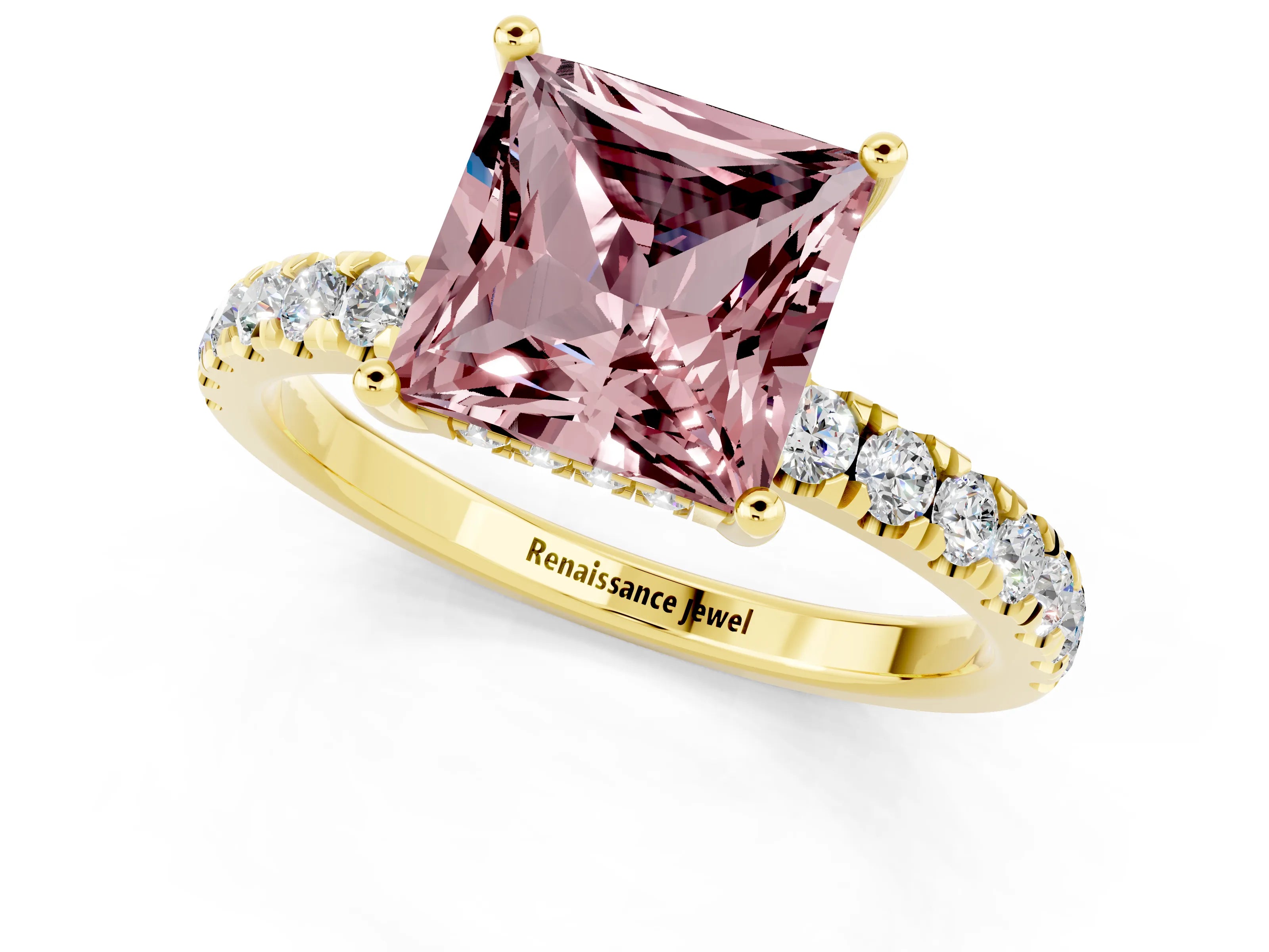 Yellow gold Princess Cut Morganite Pave Band Solitaire Ring with Four-Prong Setting_25