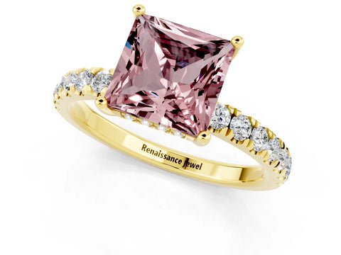 Yellow gold Princess Cut Morganite Pave Band Solitaire Ring with Four-Prong Setting_25
