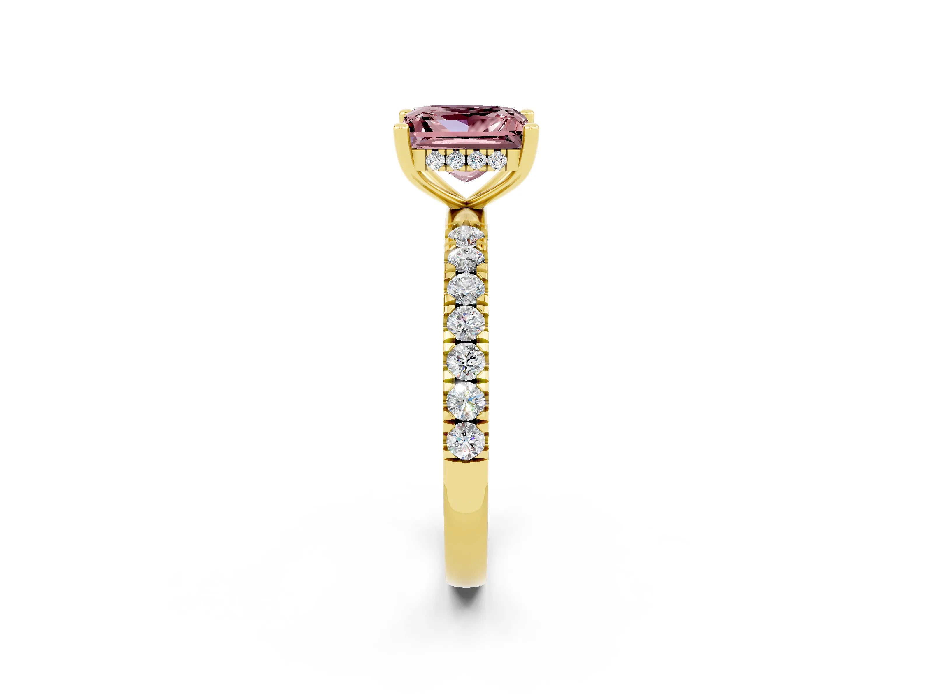 Yellow gold Princess Cut Morganite Pave Band Solitaire Ring with Four-Prong Setting_26