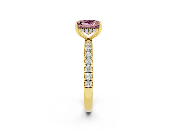 Yellow gold Princess Cut Morganite Pave Band Solitaire Ring with Round  and Prong Setting