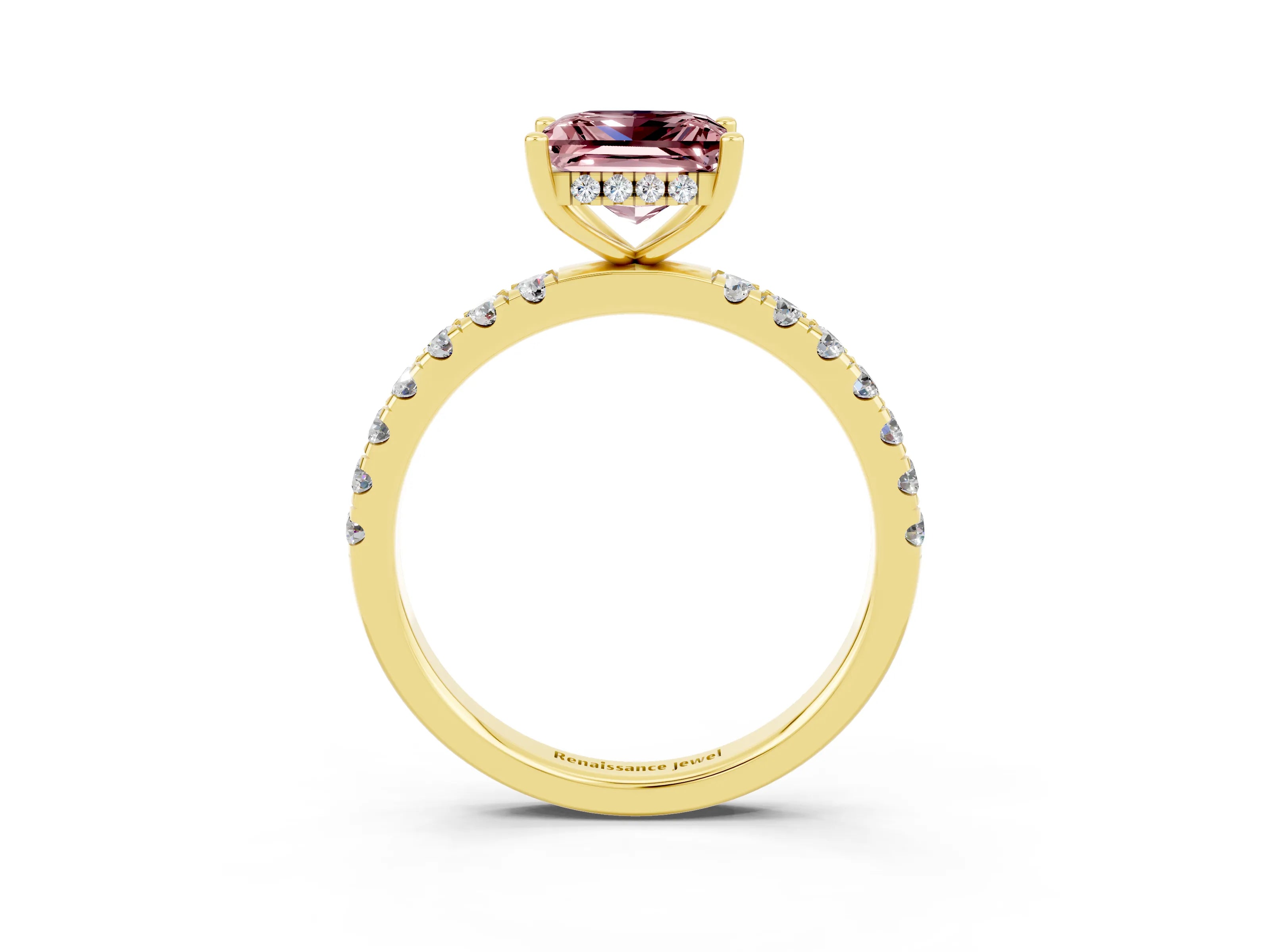 Yellow gold Princess Cut Morganite Pave Band Solitaire Ring with Four-Prong Setting_27