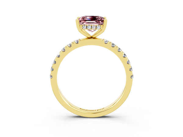 Yellow gold Princess Cut Morganite Pave Band Solitaire Ring with Round  and Prong Setting