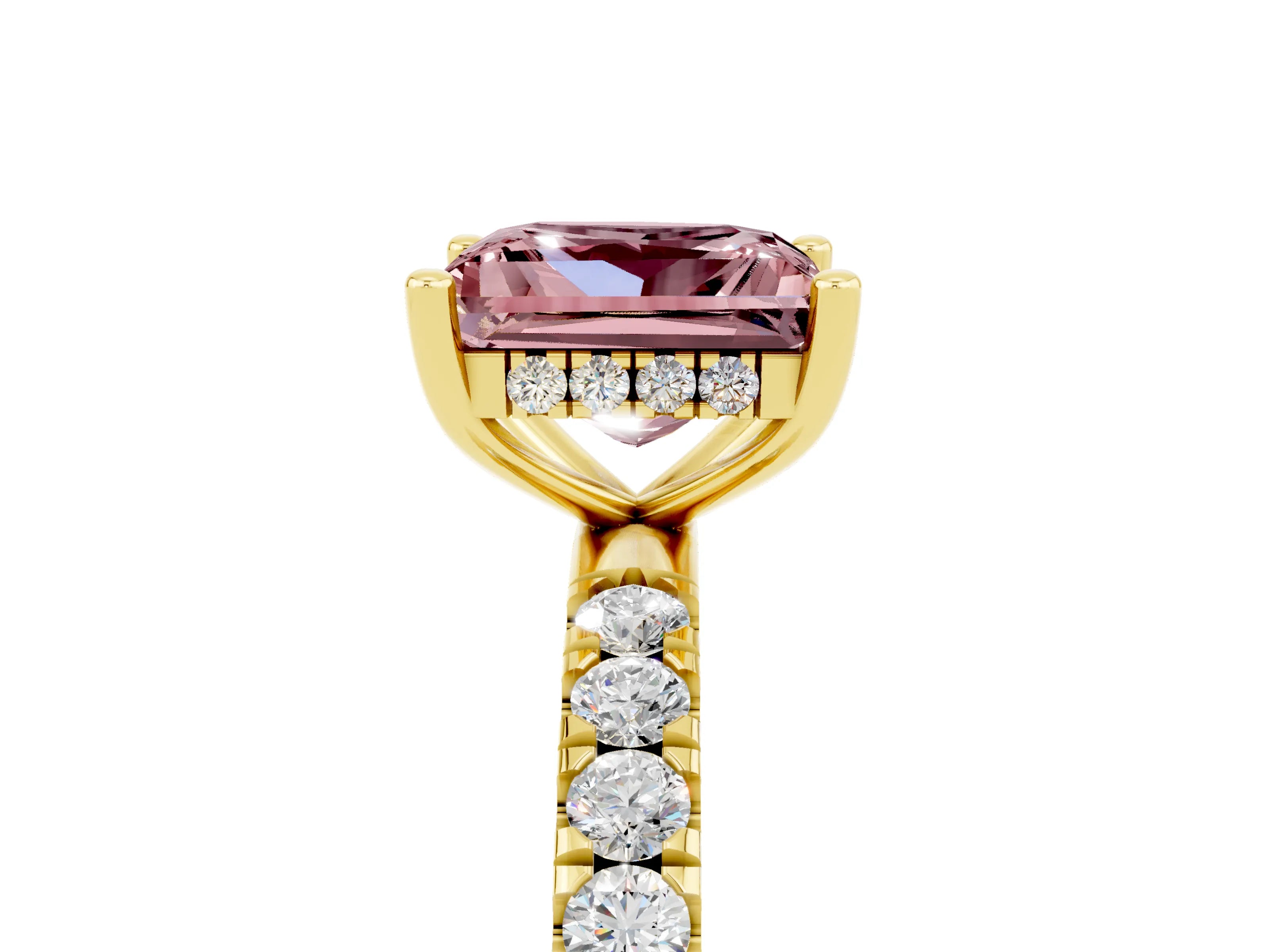 Yellow gold Princess Cut Morganite Pave Band Solitaire Ring with Four-Prong Setting_29