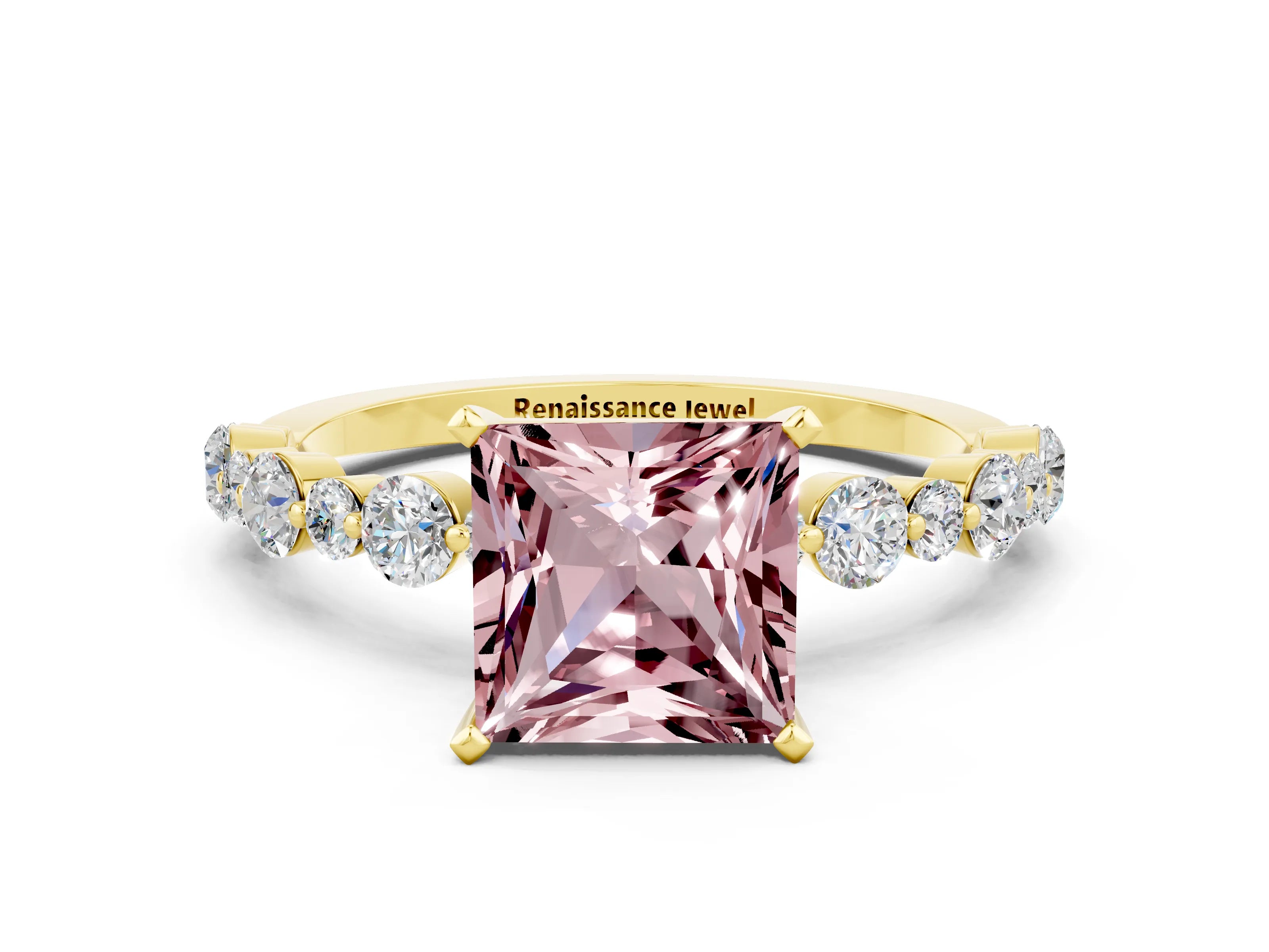 Yellow gold Princess Cut Morganite Prong Set Engagement Ring with Pavé Band