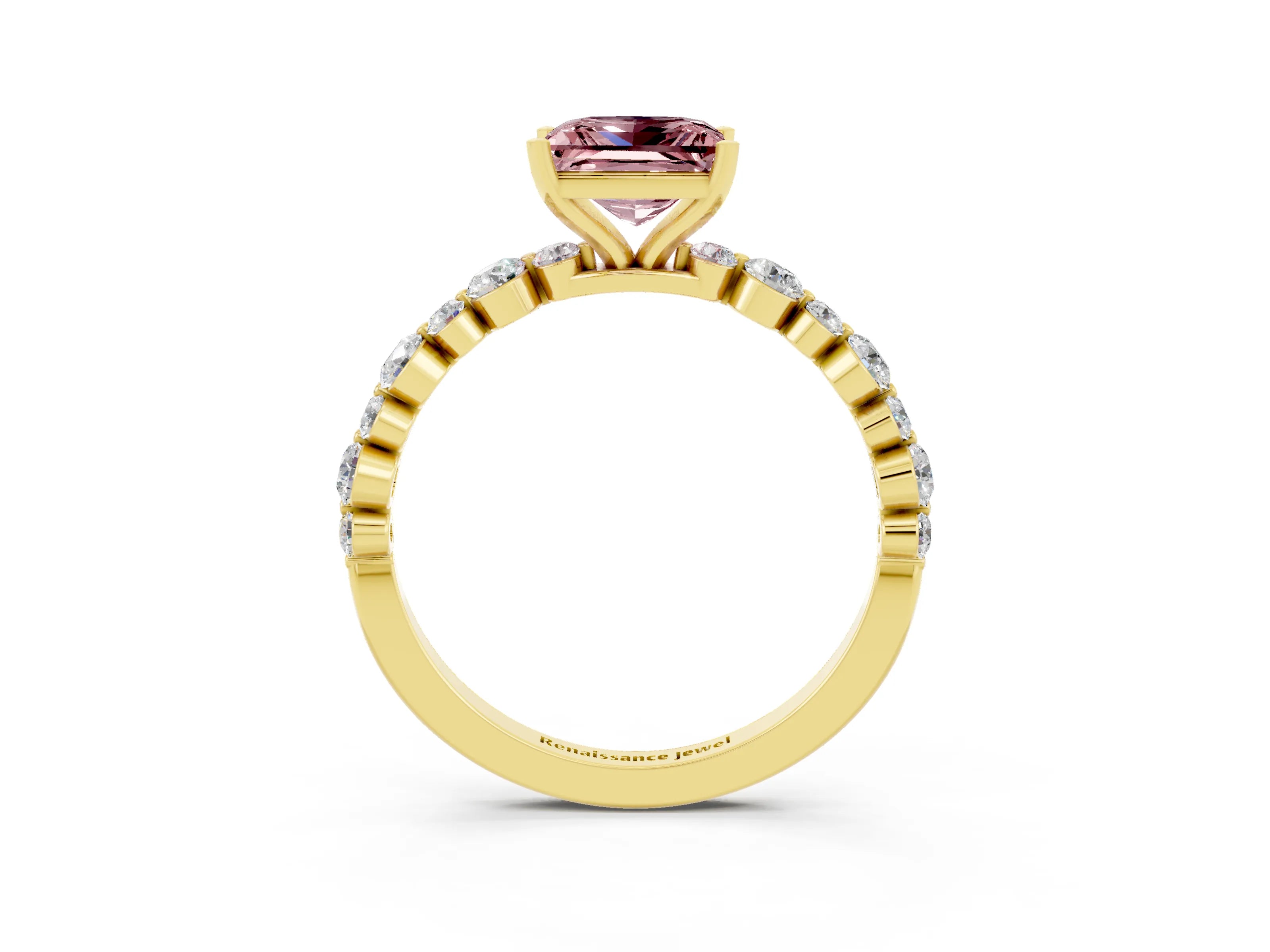 Yellow gold Princess Cut Morganite Prong Set Engagement Ring with Pavé Band_3