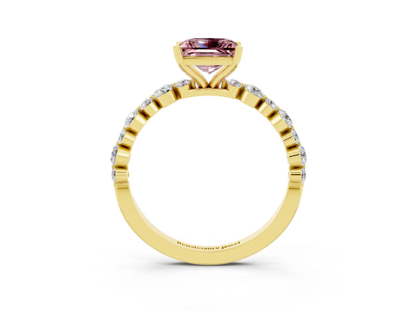 Yellow gold Princess Cut Morganite Prong Set Engagement Ring with Pavé Band