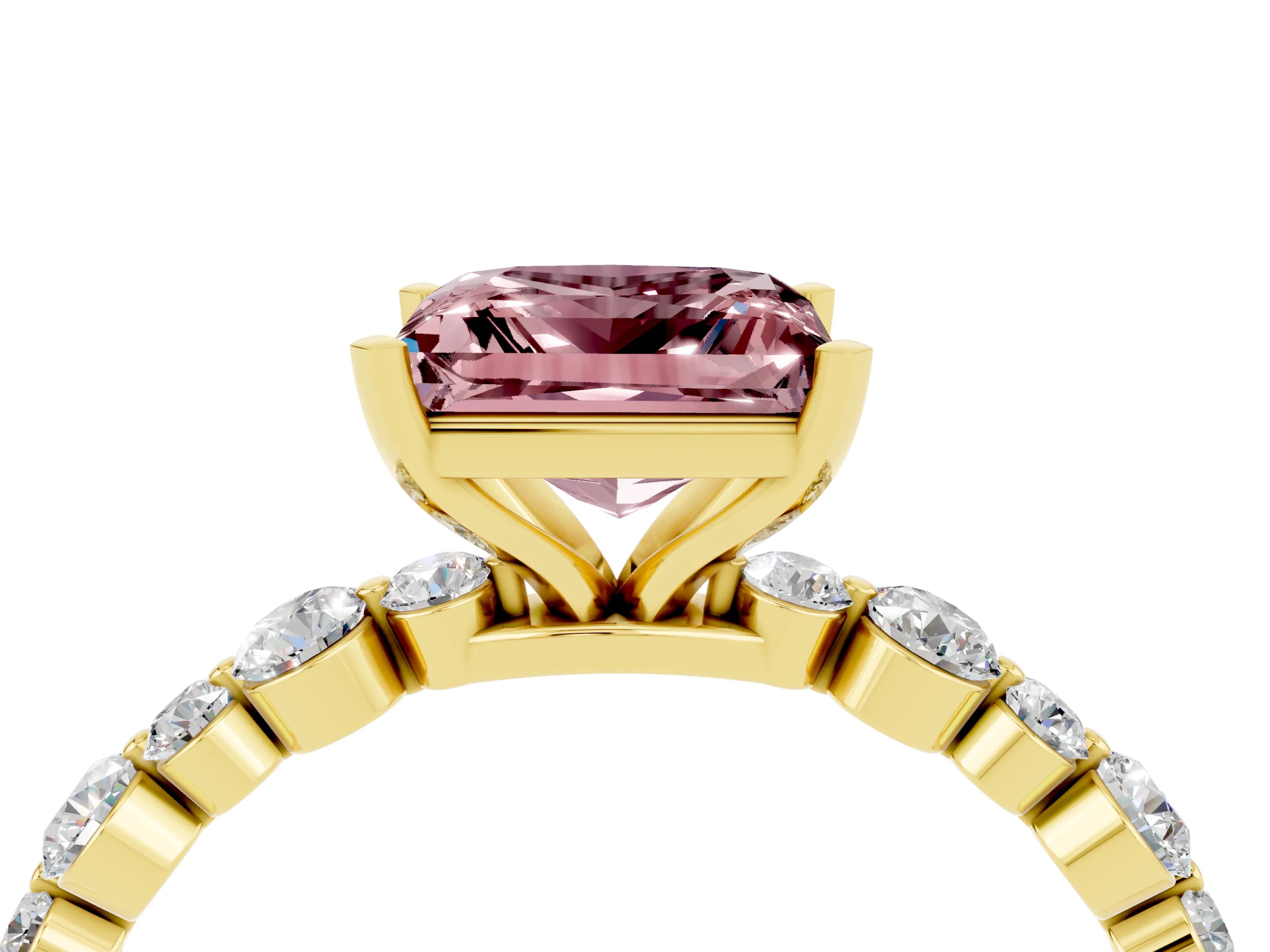Yellow gold Princess Cut Morganite Prong Set Engagement Ring with Pavé Band_4