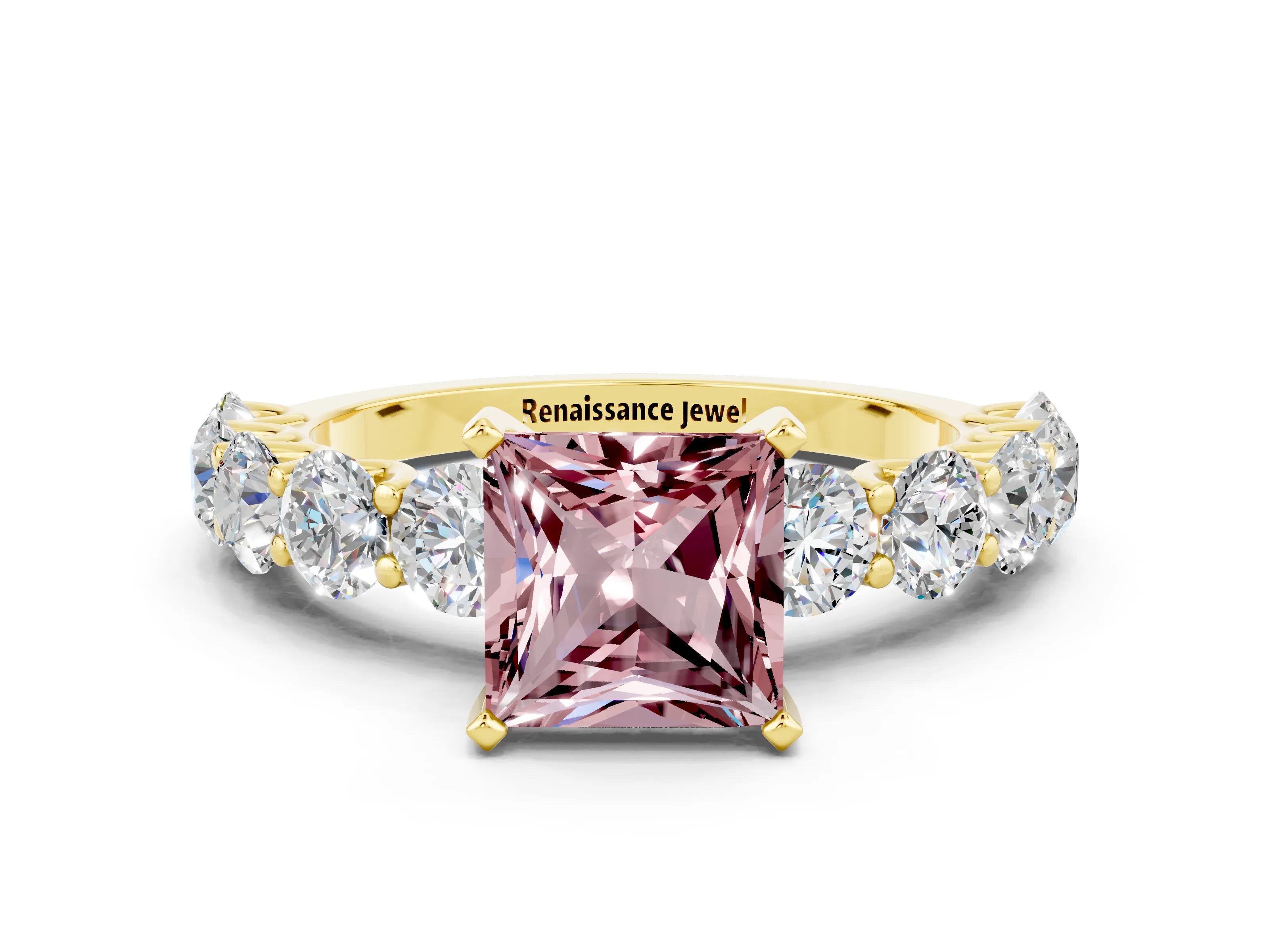 Yellow gold Princess Cut Morganite Prong Setting with Side Stones on a Pave Band
