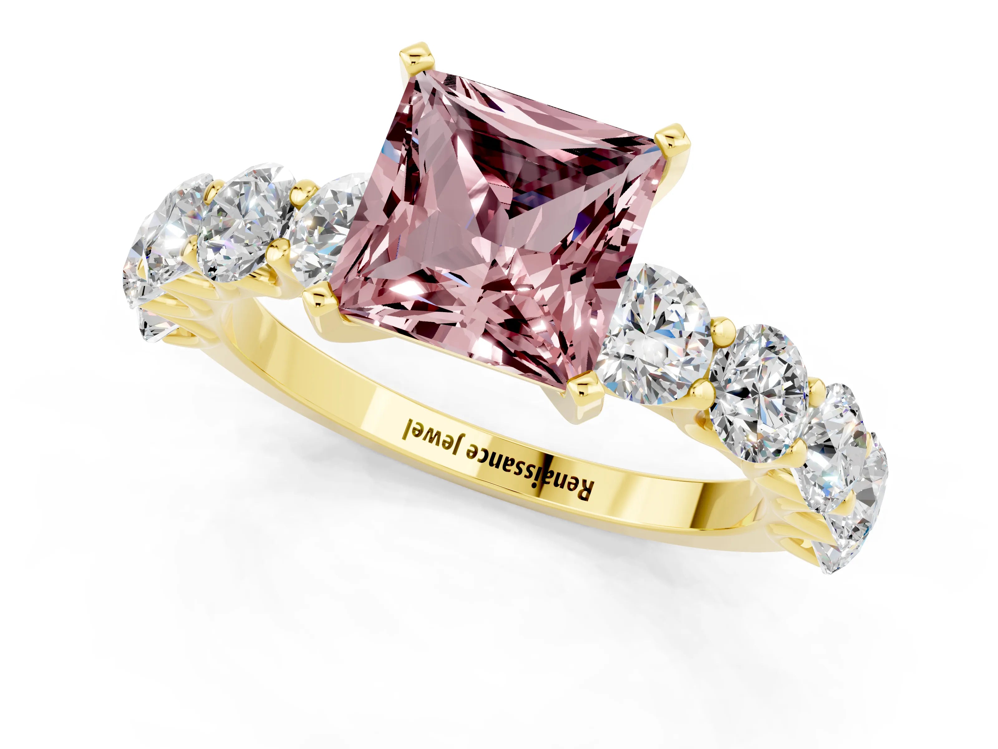 Yellow gold Princess Cut Morganite Prong Setting with Side Stones on a Pave Band_1