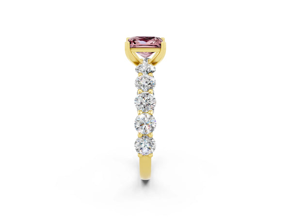 Yellow gold Princess Cut Morganite Prong Setting with Side Stones on a Pave Band